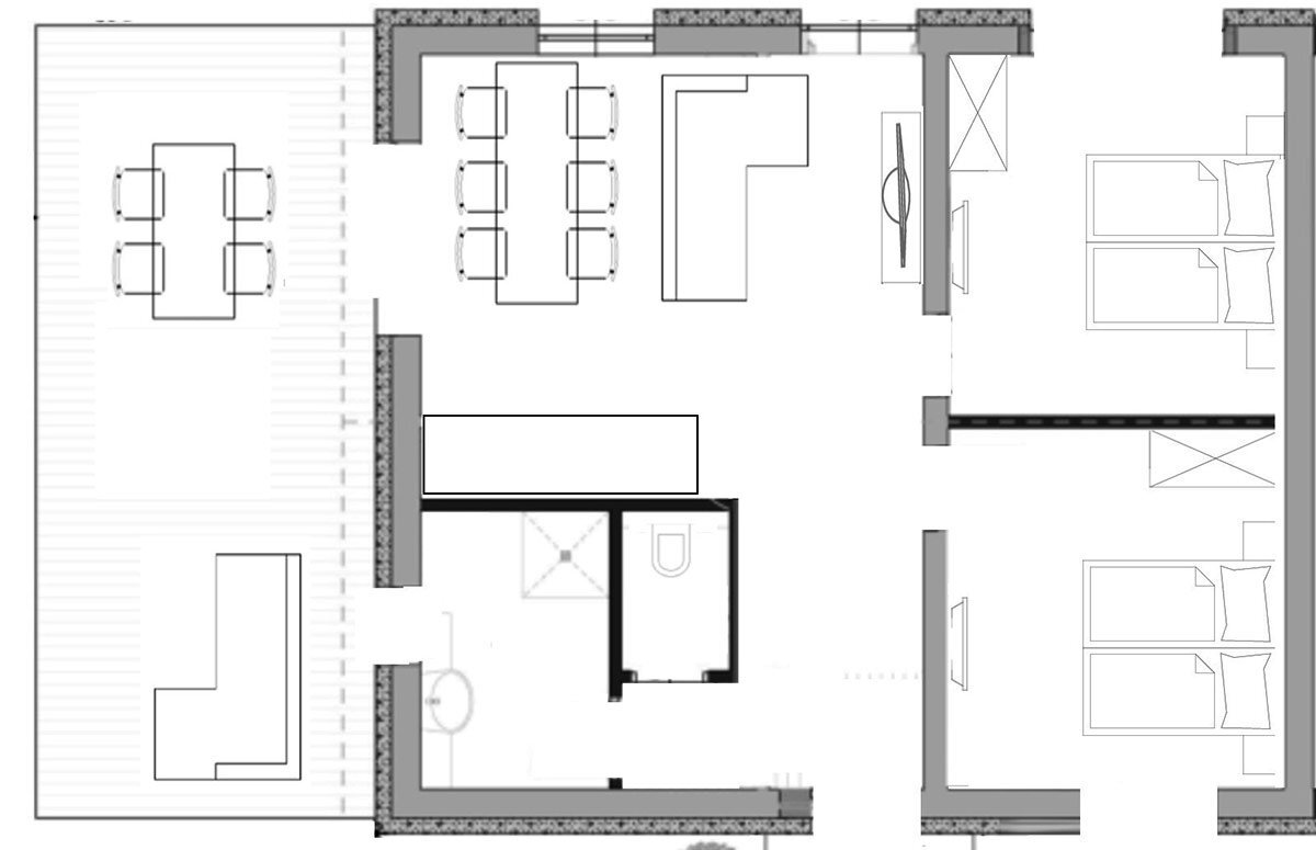 Grundriss des 63 Quadratmeter Ferienhauses – 2 Schlafzimmer, Wohnküche, Bad, Terrasse